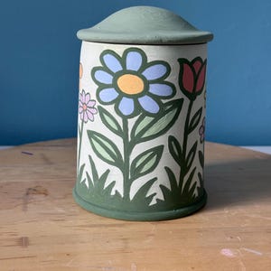 Floral Ceramic Storage Jar: Hand Painted  Colourful Daisy Kitchen Canister Gift