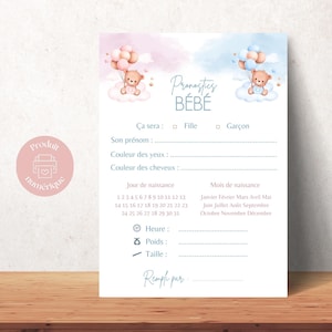 Carte pronostics bébé à imprimer – Jeu baby shower, gender reveal, naissance – Fichier PDF à télécharger
