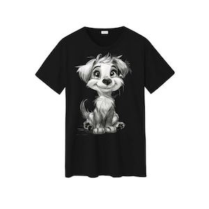 Camiseta unisex negra con adorable ilustración de cachorro. Regalo para amantes de los perros. Camiseta con dibujo de animales.