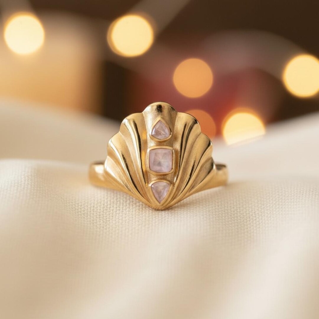 Pink Musselshell Ring Seashell Wedding Ring, Pink Ruby Signet Ring, Cushion & Trillion ...