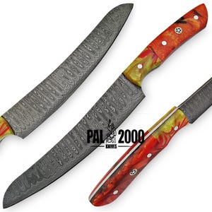 Handmade Damascus Steel Chef Knife: Carbon Steel Blade, Leather Sheath
