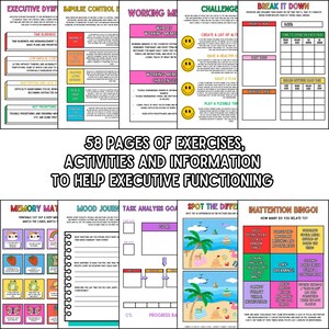 May include: A printable workbook with 58 pages of exercises, activities, and information to help executive functioning. The pages include sections on impulse control, memory, and task analysis, with colorful graphics and text.