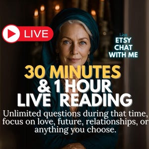Puede incluir: Imagen que promociona un servicio de lectura en vivo. Presenta a una mujer con un pañuelo teal. El texto incluye "LIVE", "30 MINUTES & 1 HOUR LIVE READING" y "ETSY CHAT WITH ME". La descripción menciona preguntas ilimitadas sobre amor, futuro y relaciones.