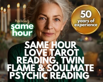 May include: An image featuring a woman with gray hair, wearing a green top, and a necklace. Text on the image reads "Same Hour Love Tarot Reading, Twin Flame & Soulmate Psychic Reading." A gold circle states "50 years of experience."