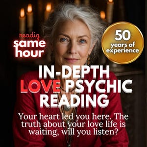 May include: An image featuring a woman with gray hair and blue eyes, wearing a red top. Text includes "In-Depth Love Psychic Reading," "50 years of experience," and "Your heart led you here. The truth about your love life is waiting, will you listen?"
