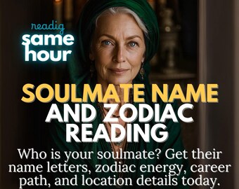 May include: Image features a woman in a green head covering with text overlay. The text reads "Soulmate Name and Zodiac Reading" and "Who is your soulmate? Get their name letters, zodiac energy, career path, and location details today."