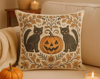 Black Cat Halloween Pillow Cover - Spooky Autumn Home Decor