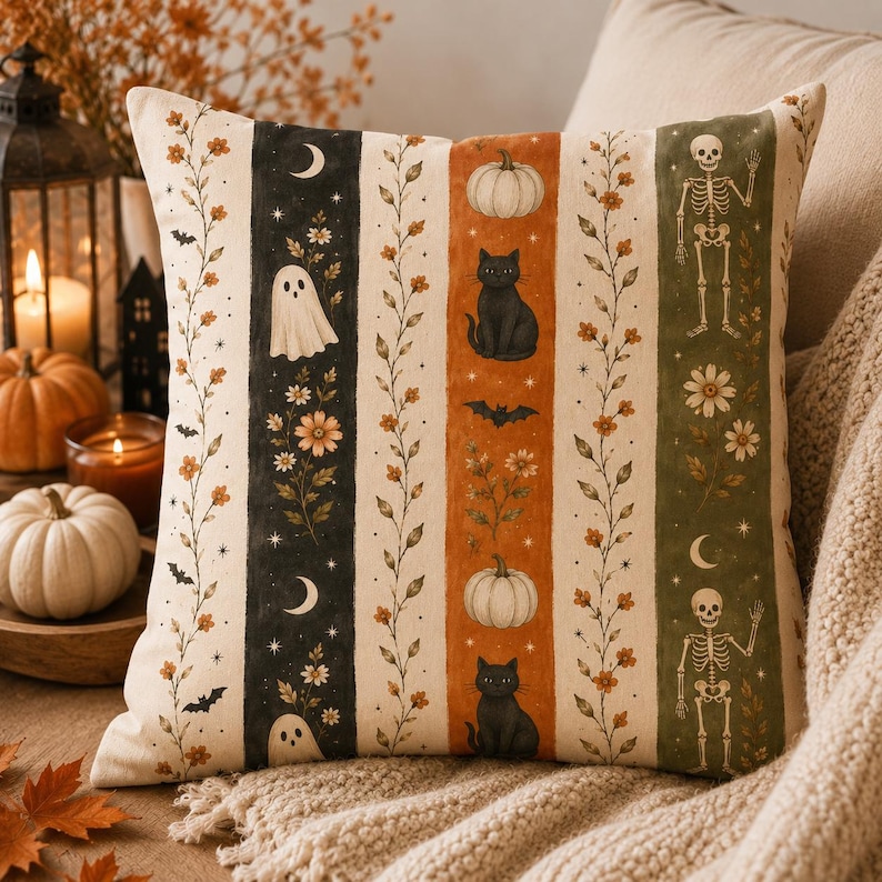 Halloween Pillow Cover Home Decor Black Cat Halloween Cushion Decoration Autumn Style Aesthetic Decor Home Accent Living Room Spooky Design image 1