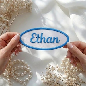 Anpassad broderad namnlapp - Retro stryk-på eller sy-på namnlapp för jackor och uniformer - Personliga ovala och rektangulära lappar