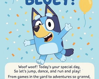 Könnte beinhalten: Geburtstagskarte mit Bluey, einem Zeichentrickhund, und dem Text "HAPPY BIRTHDAY BLUEY!". Die Karte hat blaue, orange und gelbe Luftballons und Konfetti. Der Text enthält eine Geburtstagsbotschaft.