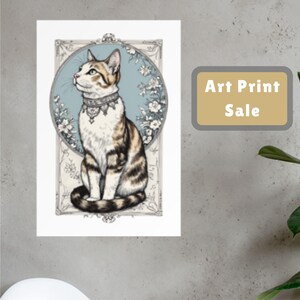 Stylish Art Nouveau White Orange Black Cat Print Vintage Floral Wall Art Elegant Feline Scrollwork Home Decor Print Gift for Cat Moms