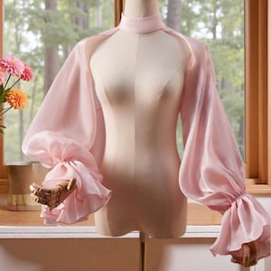 Sparkling Satin Chiffon Sleeves Pink Halter Neck Sleeves Detachable Sleeves for Wedding Dress Puffy Sleeves Bridal Cover Up Removable Sleeve