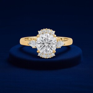 2.50ct Lab Grown Diamond Ring | 2ct Round Certified Center + Baguette & Trillion Side Stones | Yellow Gold Engagement Ring