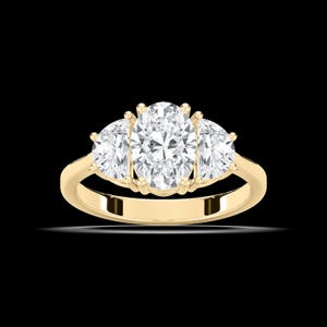 Oval Cut Lab Grown Diamond Engagement Ring, 2.5 Carat Yellow Gold Wedding Ring, Half Moon Side Stone 3 Stone Bridal Ring