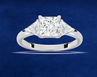 Princess Cut Lab Grown Diamond Engagement Ring with Trillion Side Stones
