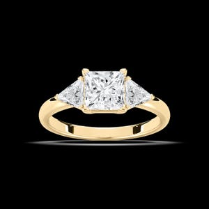 Princess Cut Lab Grown Diamond Engagement Ring, 2 Carat Yellow Gold Wedding Ring, Trillion Side Stone Three Stone Ring
