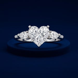 2.50 CT Lab Grown Heart Cut Diamond Ring | Certified 2 CT Center | Pear Side Stones | 3 Stone Engagement Ring  | Ethical Jewelry
