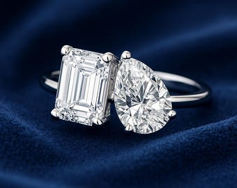 Lab Grown Diamond Toi et Moi Ring – Emerald & Pear Cut, White Gold
