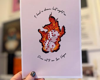 I had a Dream Last Night We Drove Out to See Las Vegas – Mayday Parade Inspired Art Print, Flaming Dice Illustration, Emo Pop Punk Wall Art