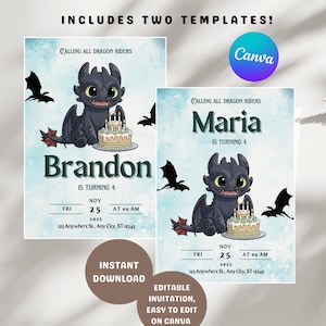 Puede incluir: Dos plantillas de invitación de cumpleaños con un dragón de dibujos animados y una tarta. El texto dice "Calling All Dragon Riders". Una invitación dice "Brandon cumple 4 años" y la otra dice "Maria cumple 4 años".