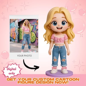 May include: A custom cartoon figure of a person wearing a pink crop top, ripped blue jeans, and white sneakers. The figure has blonde hair and is smiling. The image includes a photo frame with the text "YOUR PHOTO" and the text "GET YOUR CUSTOM CARTOON FIGURE DESIGN NOW!"
