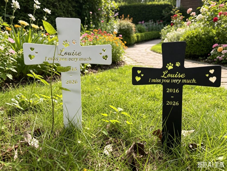 May include: Two metal cross-shaped garden markers, one white and one black, featuring cut-out heart and paw print designs. Each cross is engraved with the name Louise, the phrase I miss you very much, and the years 2016 - 2026 in gold lettering.