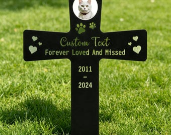 Personalized Pet Memorial Cross Stake, Custom Garden Grave Marker, Metal Cat Dog Plaque