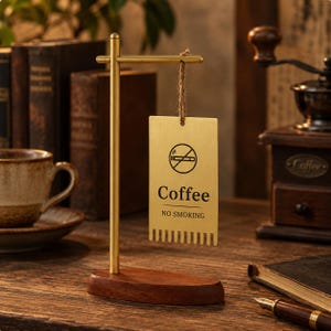 May include: A brass-colored metal sign hanging from a horizontal bar on a vertical stand with a dark wood base. The rectangular sign features a black no-smoking symbol, the word Coffee, and the text NO SMOKING printed in black lettering.