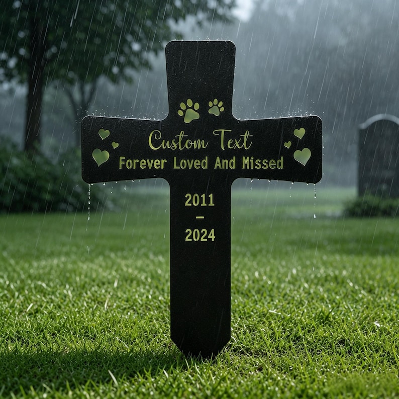 May include: A black cross-shaped memorial marker featuring yellow text that reads Custom Text, Forever Loved And Missed, 2011, and 2024. The design includes two paw prints at the top and four heart-shaped cutouts on the horizontal arms.