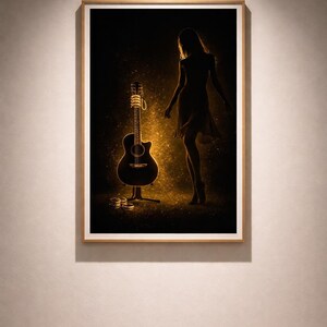 May include: A framed art print featuring a silhouette of a person and an acoustic guitar. The guitar is illuminated with a golden glow, and the person is in a flowing dress. The background is dark with golden sparkles.