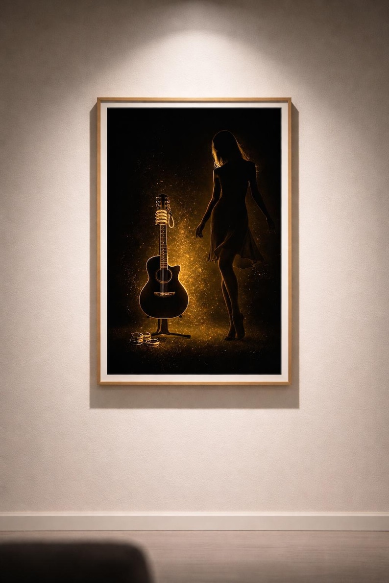 May include: A framed art print featuring a silhouette of a person and an acoustic guitar. The guitar is illuminated with a golden glow, and the person is in a flowing dress. The background is dark with golden sparkles.