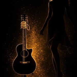May include: Acoustic guitar with gold accents, standing on a black stand. Gold bracelets are at the base of the stand. A silhouette of a person is in the background, with a dark background and gold glitter.