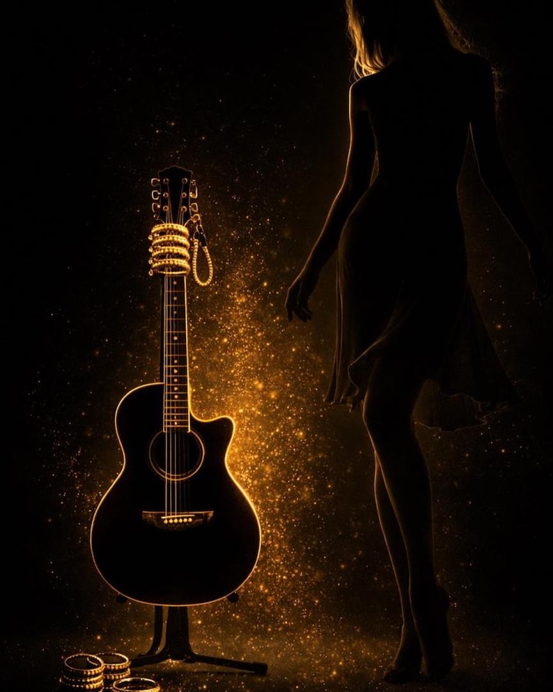 May include: Acoustic guitar with gold accents, standing on a black stand. Gold bracelets are at the base of the stand. A silhouette of a person is in the background, with a dark background and gold glitter.