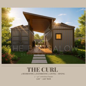 Könnte beinhalten: Architektonische Darstellung eines modernen Hauses, "The Curl", gebaut aus zwei Schiffscontainern. Das Design umfasst eine Holzterrasse und ein schräges Dach. Der Text weist darauf hin, dass das Haus 2 Schlafzimmer, 2 Badezimmer und einen Wohn-/Essbereich hat. Die Terrasse ist 35m² groß.