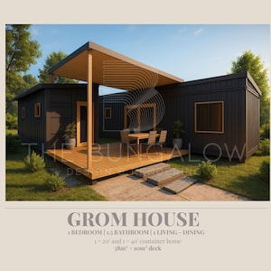 Puede incluir: Una representación arquitectónica de una casa contenedor moderna, con un exterior oscuro, una terraza de madera y un patio cubierto. La imagen incluye el texto "GROM HOUSE" y detalles sobre las características de la casa, incluyendo 1 dormitorio, 1,5 baños y una sala de estar-comedor.