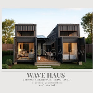 Può includere: Un rendering architettonico di una casa moderna costruita con container. I container neri presentano ampie finestre e porte aperte, rivelando spazi interni. Il testo "WAVE HAUS" e le specifiche della casa sono visualizzati.
