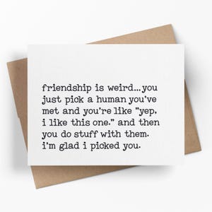 May include: A white greeting card with the text "friendship is weird... you just pick a human you've met and you're like 'yep, i like this one.' and then you do stuff with them. i'm glad i picked you." The card is on a brown envelope.