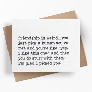 May include: A white greeting card with black text that reads "friendship is weird...you just pick a human you've met and you're like 'yep, i like this one.' and then you do stuff with them. i'm glad i picked you." The card is on a brown envelope.