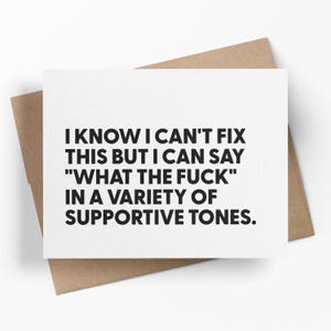 May include: A white greeting card with black text that reads "I KNOW I CAN'T FIX THIS BUT I CAN SAY 'WHAT THE FUCK' IN A VARIETY OF SUPPORTIVE TONES." The card is on a brown envelope.
