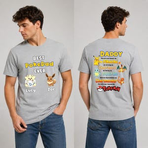 Camiseta personalizada "El mejor papá Pokémon de la historia", camiseta personalizada para papá gamer de anime con el nombre de los niños, regalo para el Día del Padre con estampado a doble cara, regalo para papá fan de Pokémon.