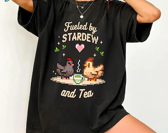 Fueled By Tea Shirt, Stardew Valley Tee, Pelican Town Shirt, Cute Chicken Shirt, Pixel Art Gamer Vintage Tee, Gift For Stardew Valley Lover