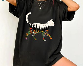 Boho Cat Plants Shirt, Nature Style Tee, Cute Cat Plant Gift, Botanical Shirt, Floral Kitten Tshirt, Cat Lovers Tee, Cat Mom Dad Shirt