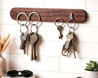 Walnut Beech Wood Magnetic Key Holder, Minimalist Wall Mount Organizer, Solid Wood Rack,Minimalist Home Decor, Housewarming Gift
