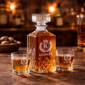 Peut inclure: Un ensemble de carafe à whisky en cristal et deux verres assortis remplis de liquide ambré. La carafe et les verres sont gravés d'une couronne, d'une couronne de laurier et du nom "KENNEDY". L'ensemble est présenté sur une surface en bois.