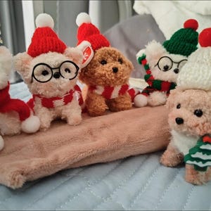 Handmade Christmas Puppy Plush – Cute Holiday Dog Ornament with Hat & Scarf – Soft Toy for Winter Decor or Gifts