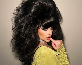 VIDEO VIXEN WIG: Long, Black. Made to Order 80s Style Drag Wig