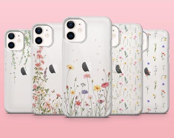 Wildflower Phone Case Transparent Floral Cover for iPhone 16, 15, 14, 13, 12, Samsung S25, S24, S23FE, S22, A16, A55, A25, Pixel 9Pro, 8A