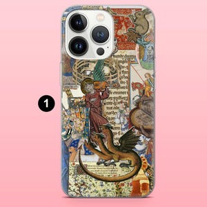 May include: A phone case decorated with a medieval illustration collage. The design incorporates a dragon, figures playing instruments, and various scenes with text fragments. The case has a clear, protective finish.