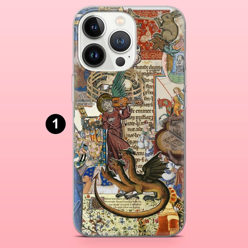 May include: A phone case decorated with a medieval illustration collage. The design incorporates a dragon, figures playing instruments, and various scenes with text fragments. The case has a clear, protective finish.