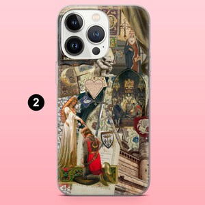 May include: A phone case with a medieval art collage design. It features illustrations of a knight kneeling before a woman, a gargoyle, and a queen. The color scheme includes reds, golds, and blues, giving a vintage appearance.